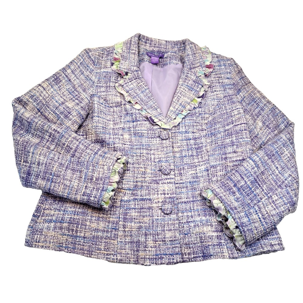 Vintage Newsworthy Women's Tweed Jacket w/ Floral Ruffles Size 14 Lined  Purple‎